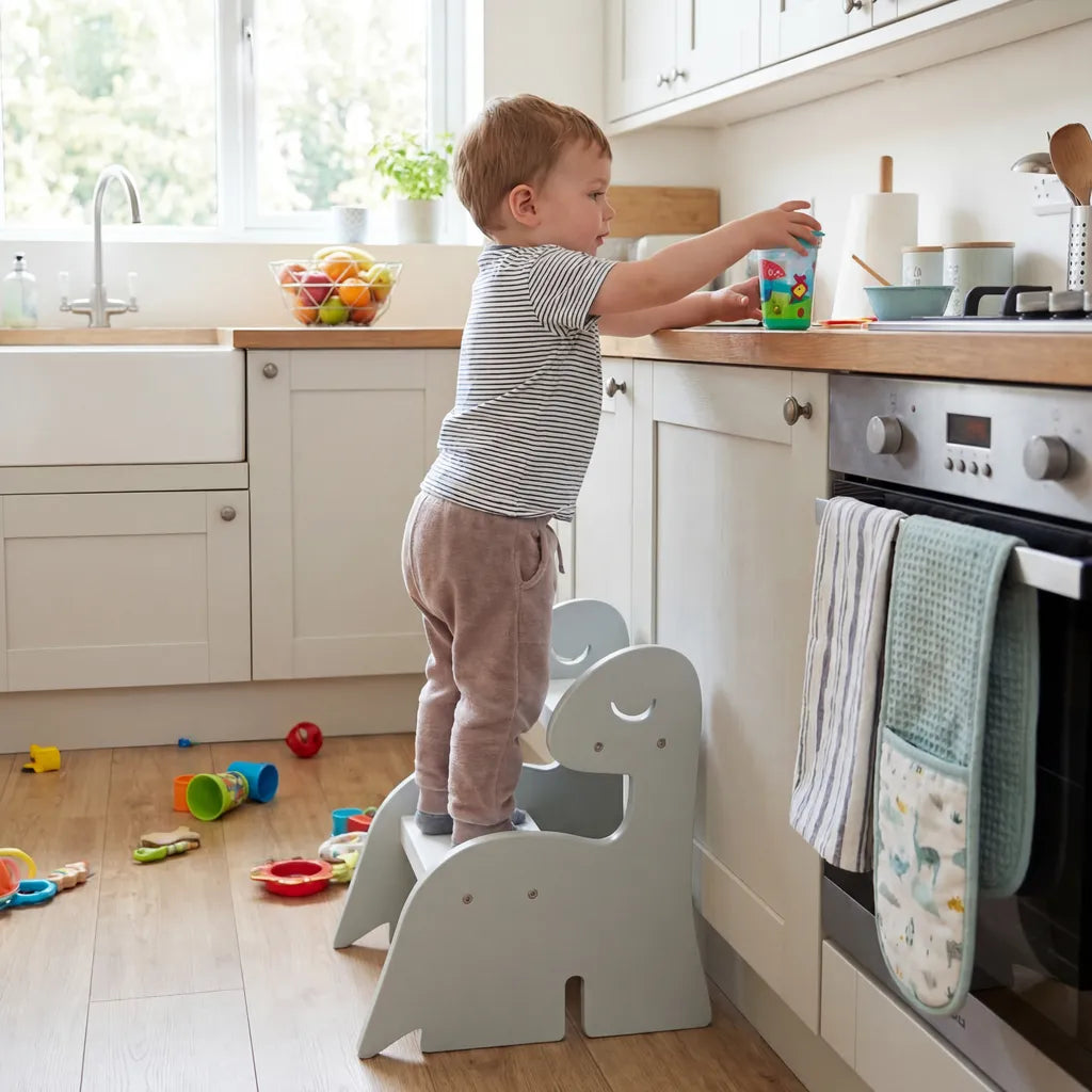 Escada Infantil Montessoriana Dino em Madeira Verde/Branco