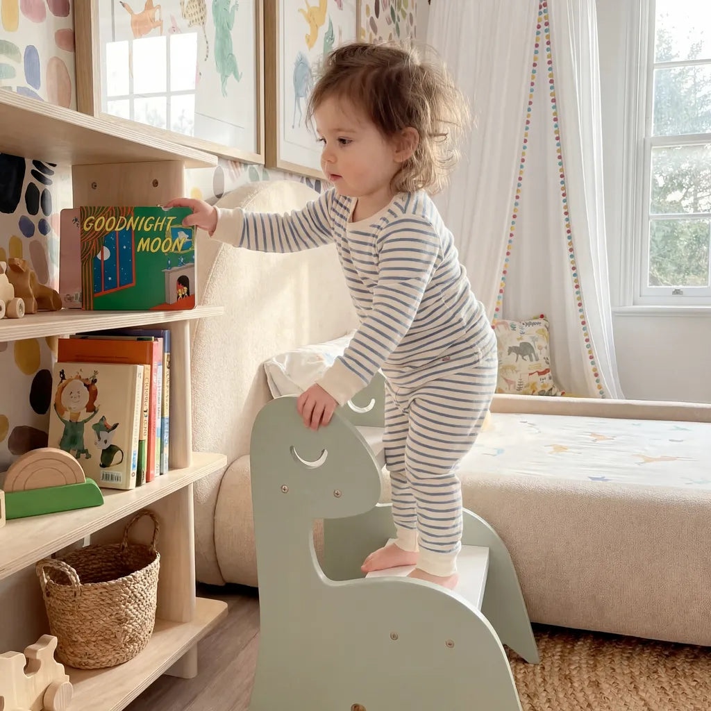 Escada Infantil Montessoriana Dino em Madeira Verde/Branco