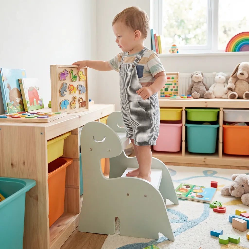 Escada Infantil Montessoriana Dino em Madeira Verde/Branco