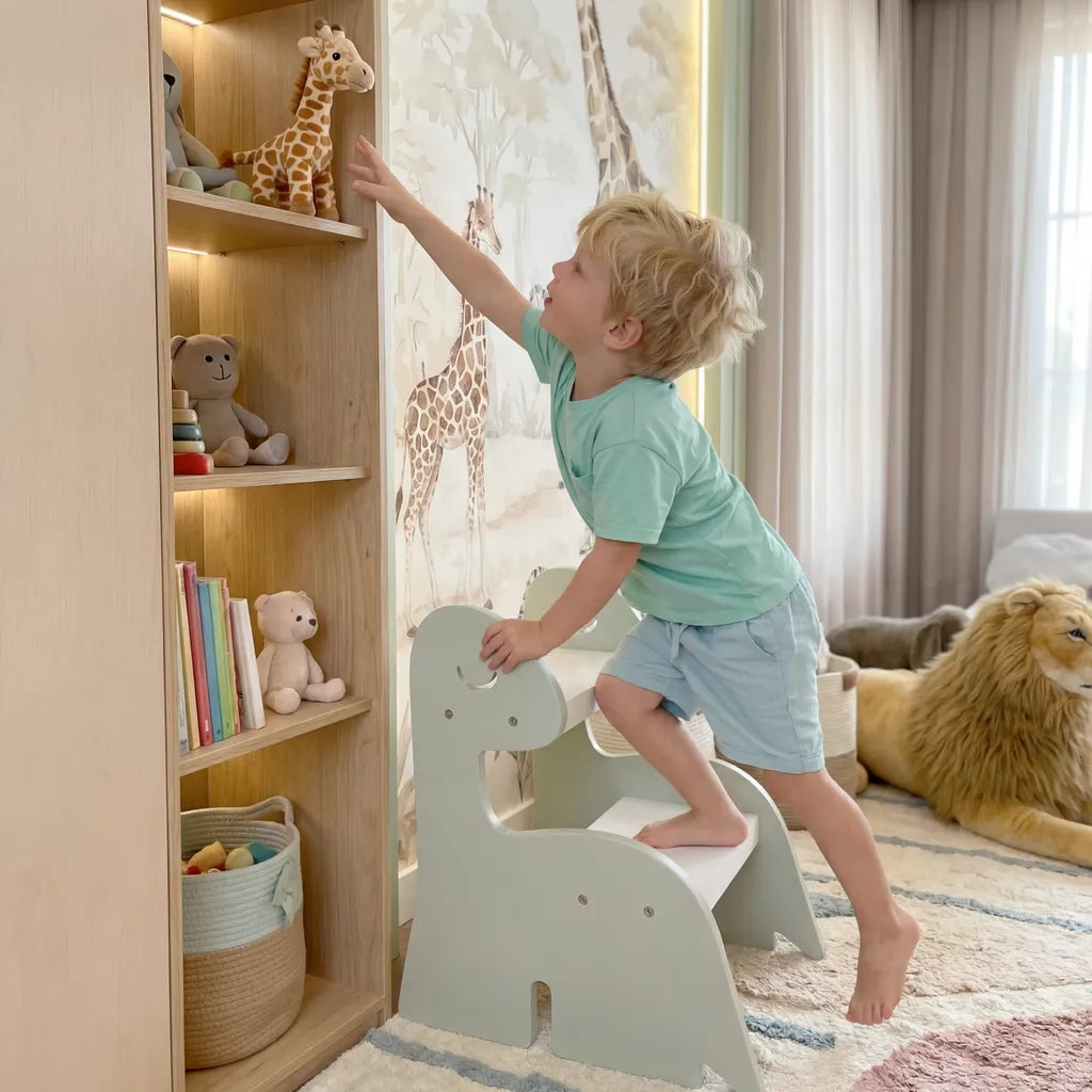 Escada Infantil Montessoriana Dino em Madeira Verde/Branco