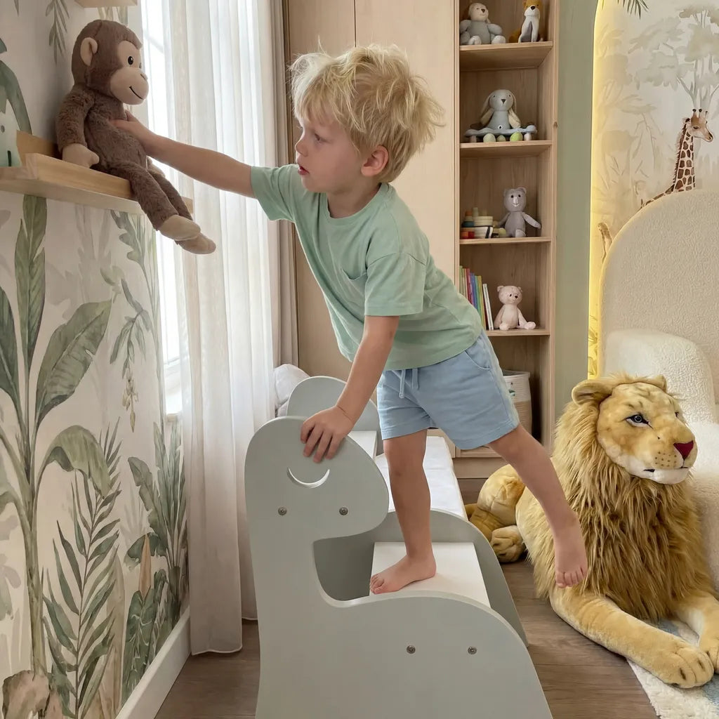 Escada Infantil Montessoriana Dino em Madeira Verde/Branco