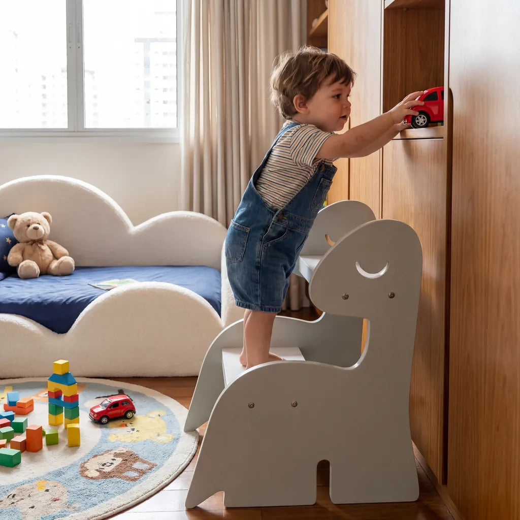 Escada Infantil Montessoriana Dino em Madeira Verde/Branco