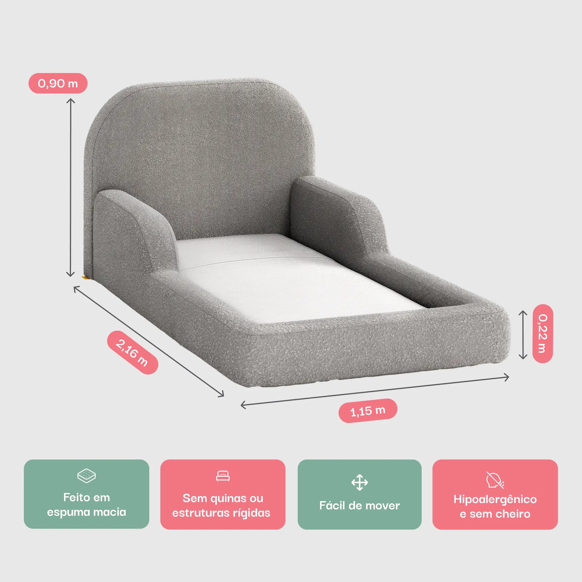Cama Montessoriana Solteiro - Cinza | Little Duck