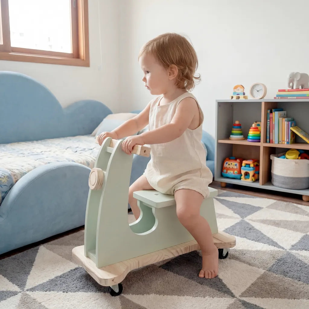 Mini Moto Lambreta Montessoriana Infantil Andador Madeira Equilíbrio Cor Verde Chá