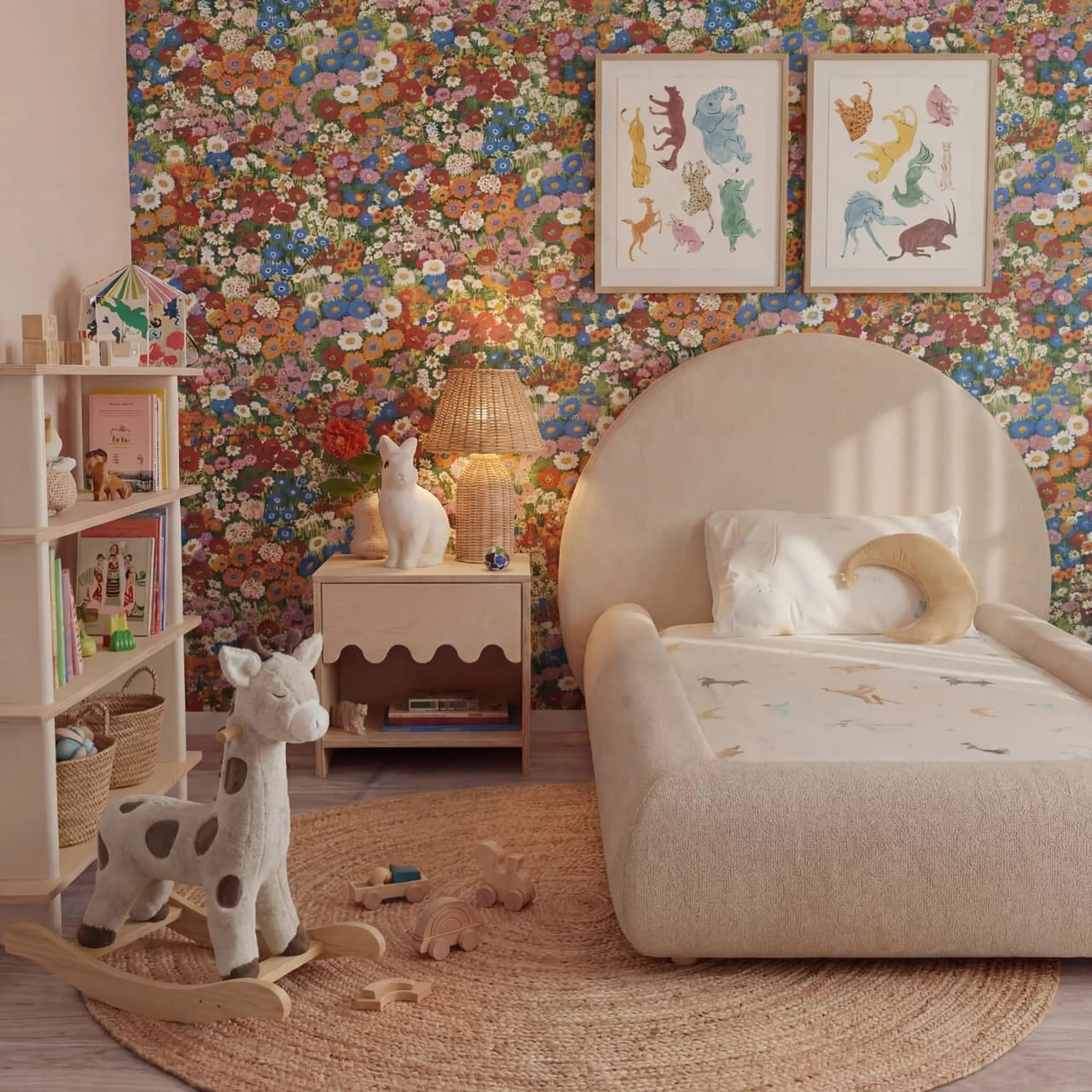 Quarto montessoriano de menino com cama montessoriana em linho no nível do chão e tapete de brincar