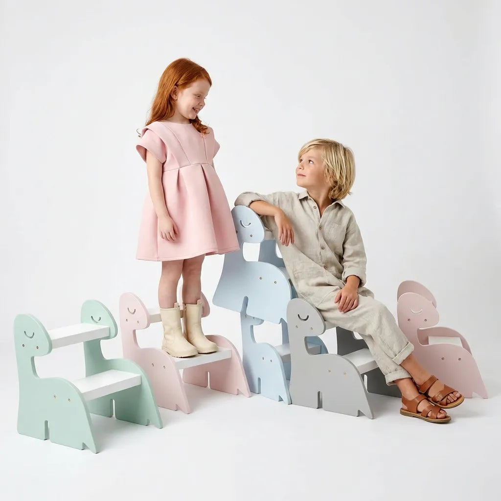 Escada Infantil Montessoriana Dino em Madeira Verde/Branco