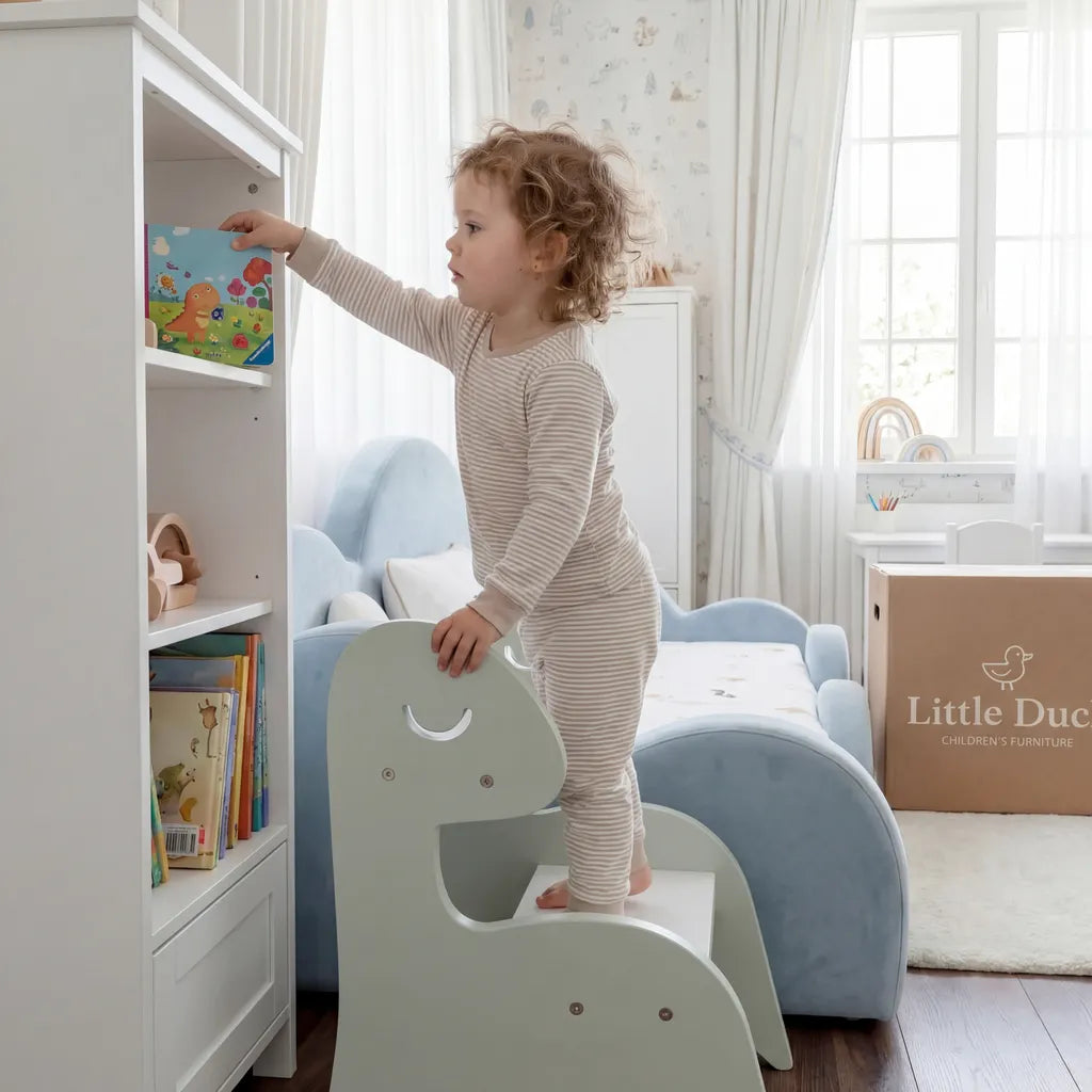 Escada Infantil Montessoriana Dino em Madeira Verde/Branco