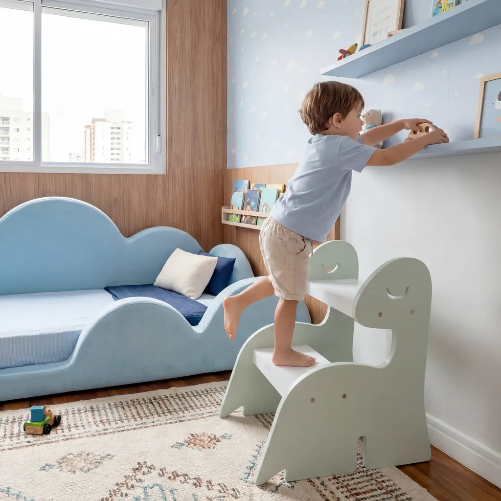 Escada Infantil Montessoriana Dino em Madeira Verde/Branco
