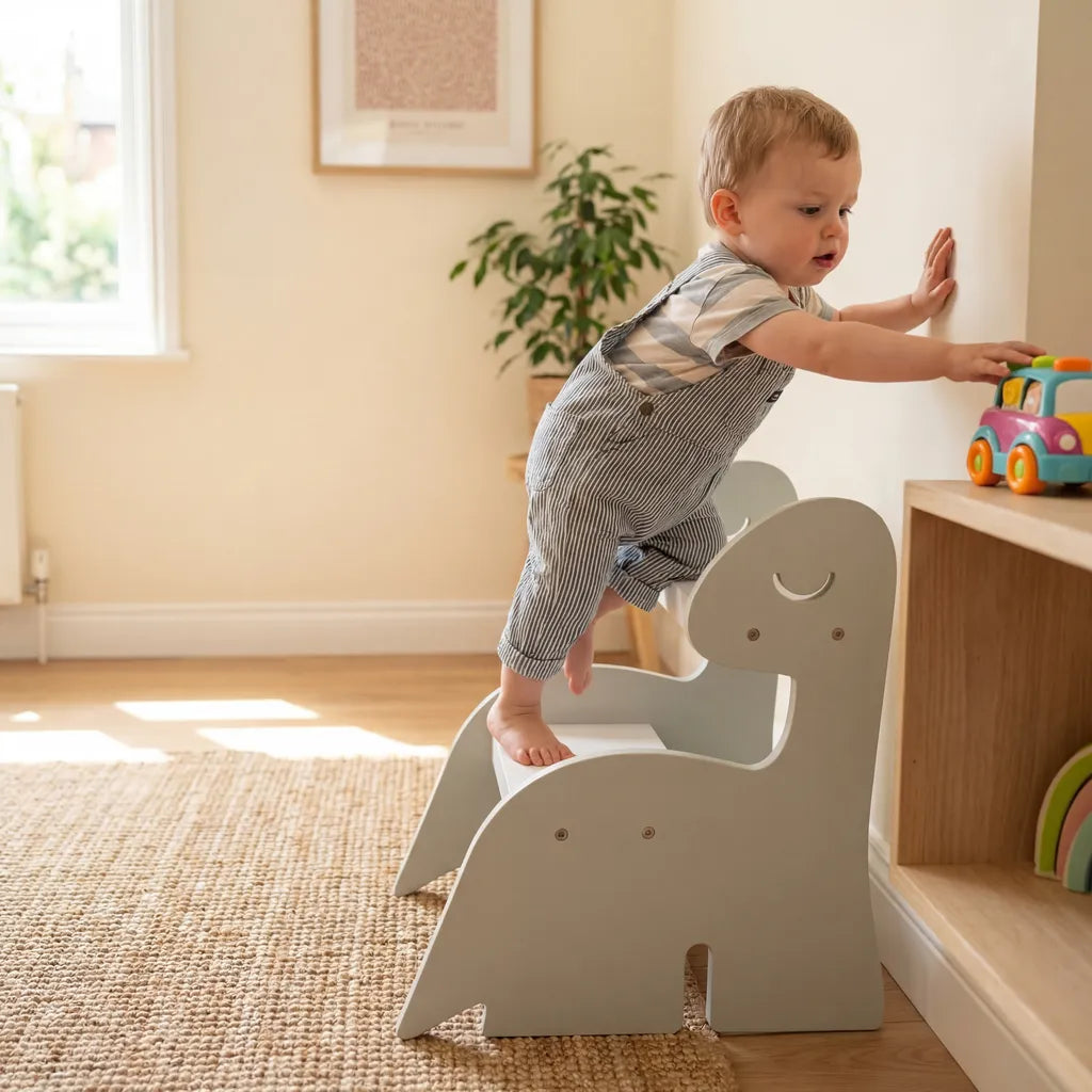 Escada Infantil Montessoriana Dino em Madeira Verde/Branco