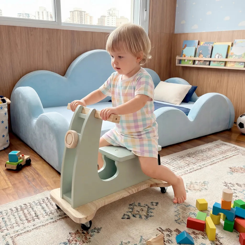 Mini Moto Lambreta Montessoriana Infantil Andador Madeira Equilíbrio Cor Verde Chá