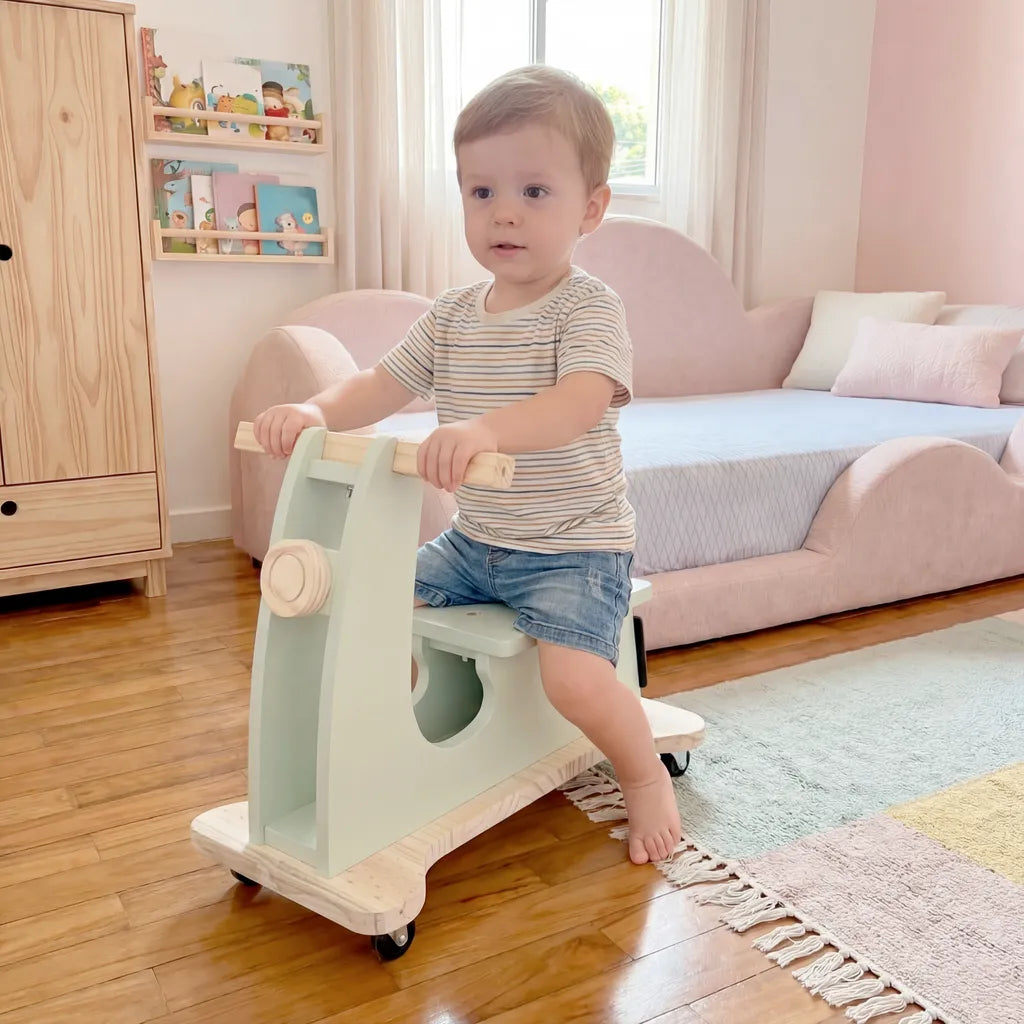 Mini Moto Lambreta Montessoriana Infantil Andador Madeira Equilíbrio Cor Verde Chá