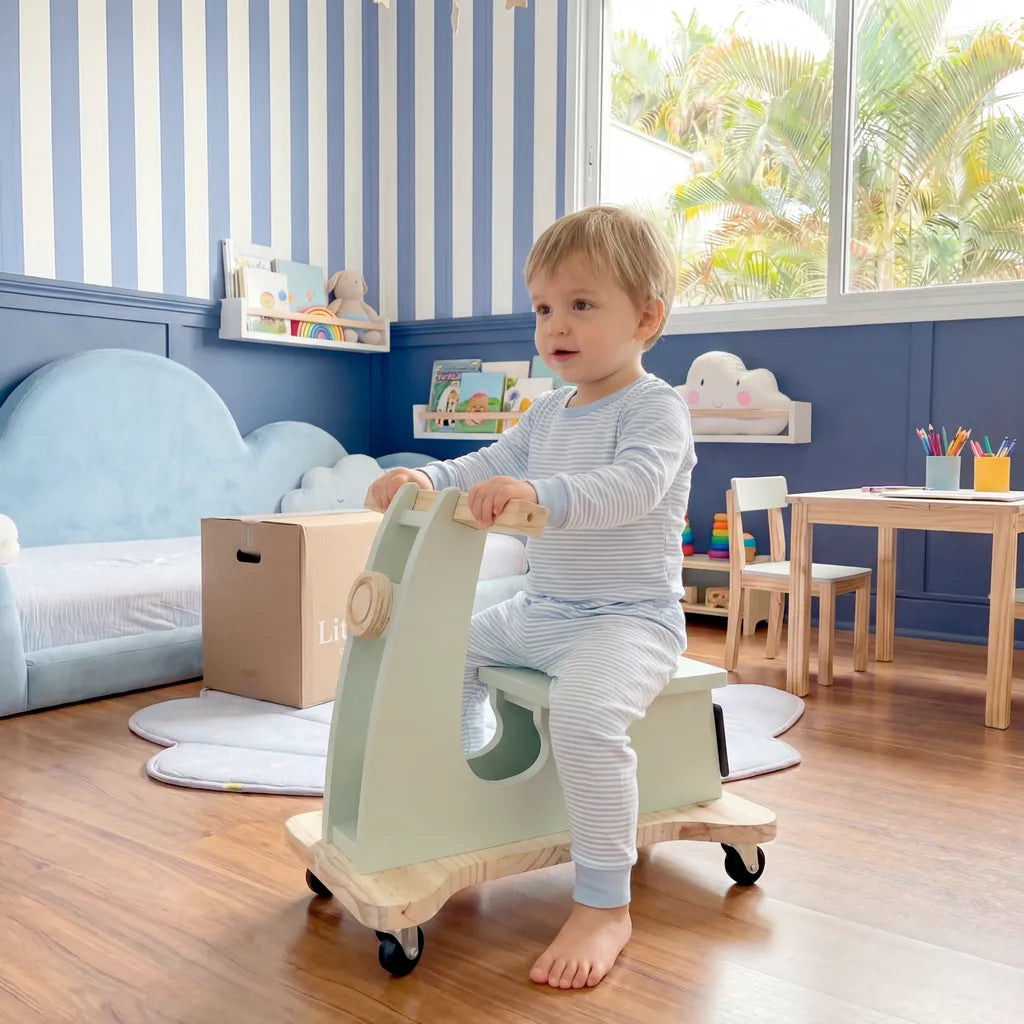 Mini Moto Lambreta Montessoriana Infantil Andador Madeira Equilíbrio Cor Verde Chá